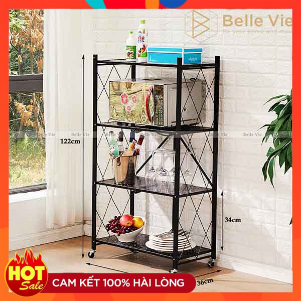 Kệ để đồ 4 tầng gấp gọn có bánh xe di động - Kệ đựng đồ đa năng bằng thép cao cấp có thể gấp gọn