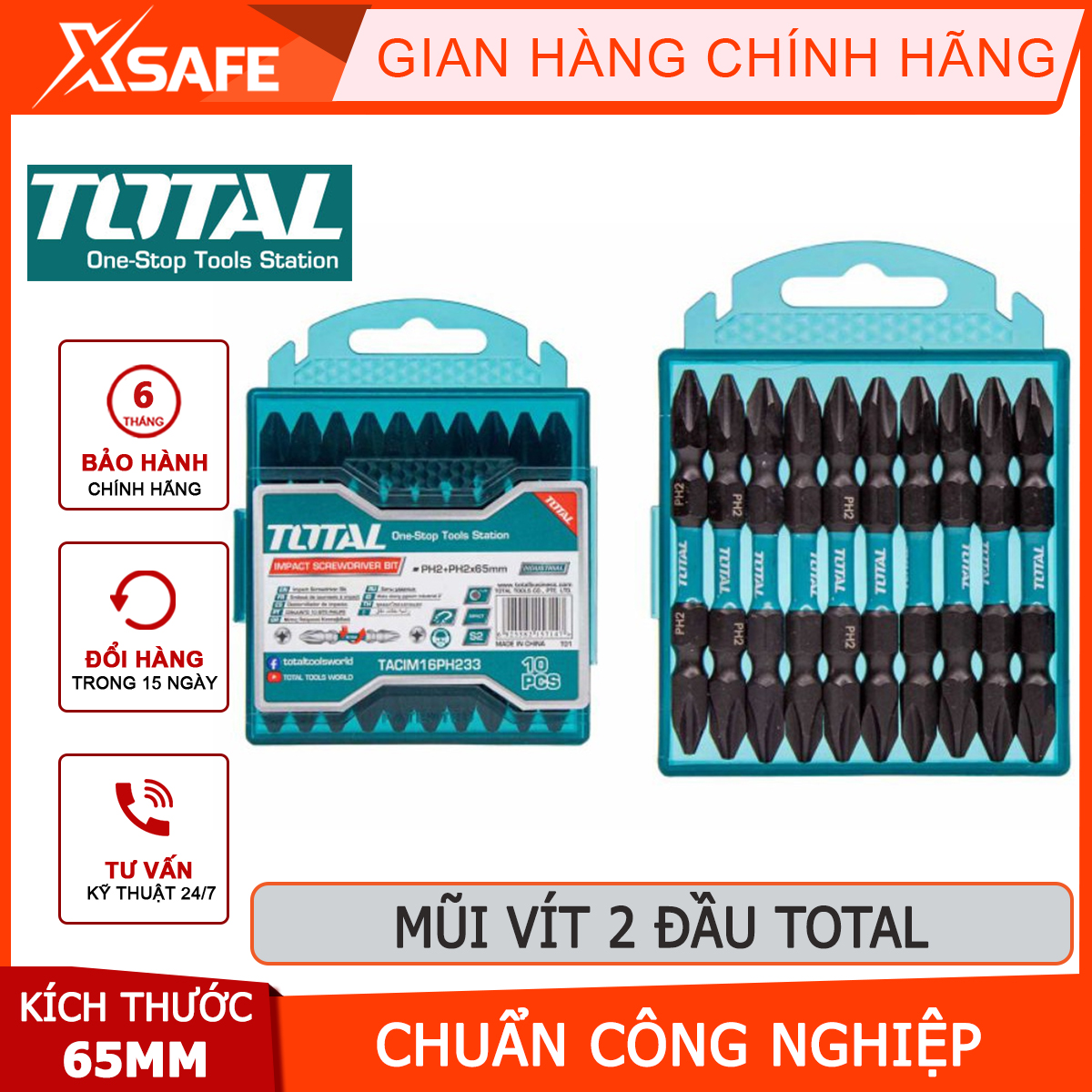 Bộ mũi bắt vít 2 đầu có từ total tacim16ph233 | bộ 10 mũi siết vít ph2+ph2x65mm thép công nghiệp s2 tháo, siết vít nhanh chóng hơn bởi ốc vít sẽ gắn chặt vào đầu mũi vặn