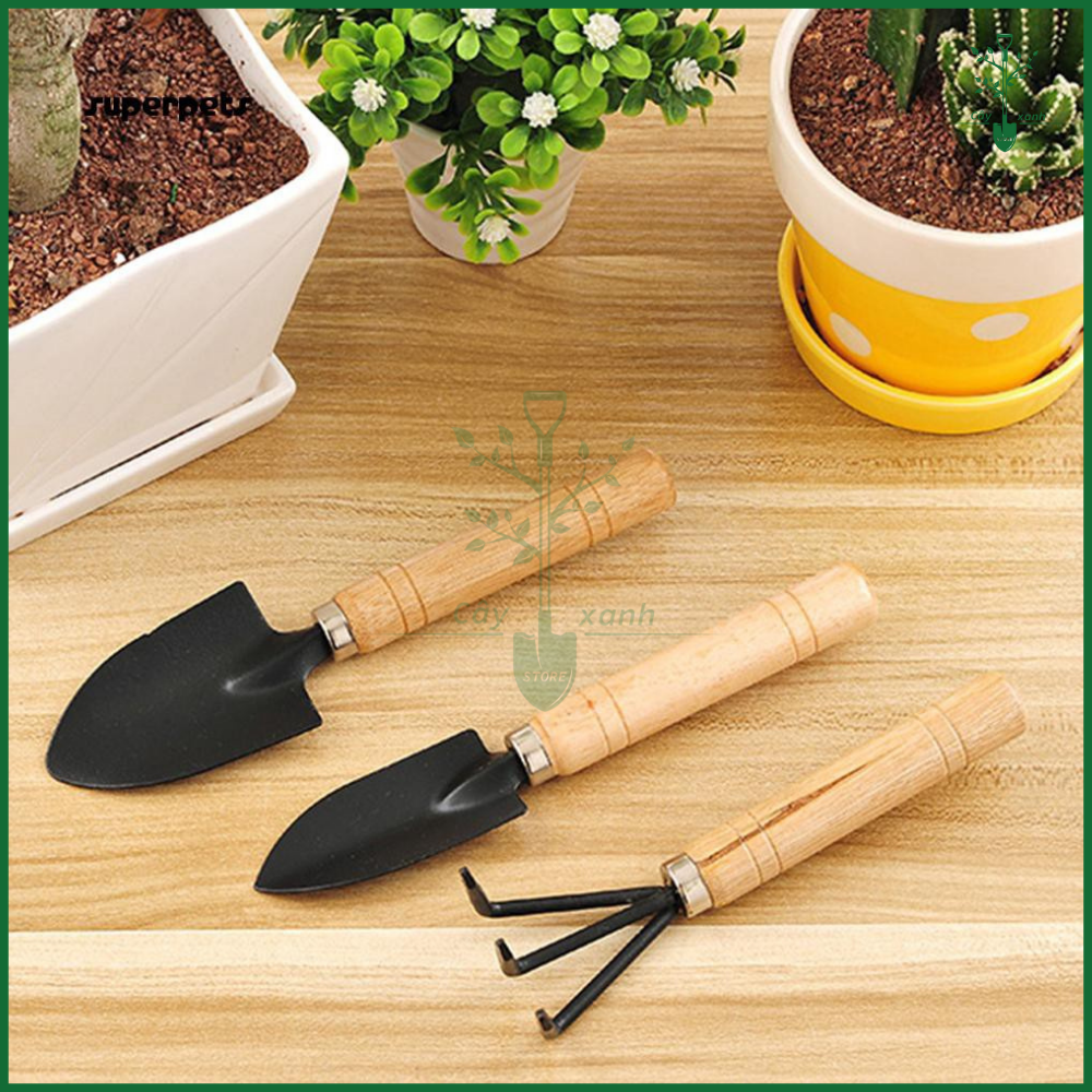 Dụng Cụ Làm Vườn 3 Món Cán Gỗ Mini Loại Nhỏ