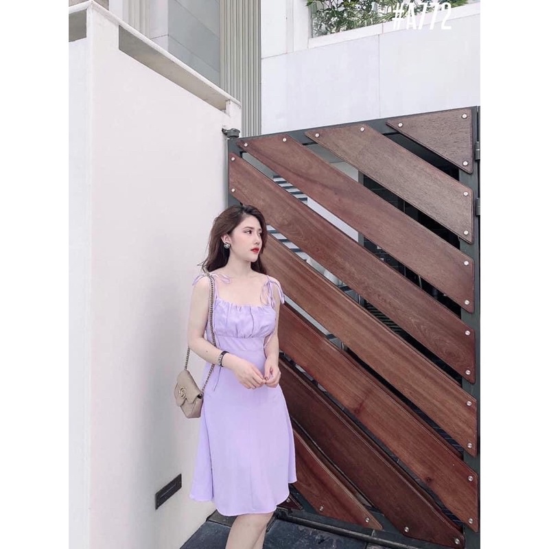 Đầm tím 2 dây cột nơ