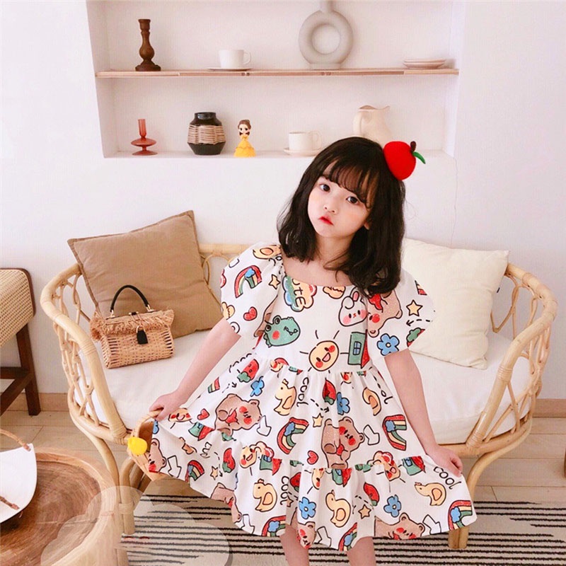 Váy bé gái - Đầm bé gái tay bồng cực xinh in hình ngộ nghĩnh VS012 siêu mát cho bé gái 9-19kg