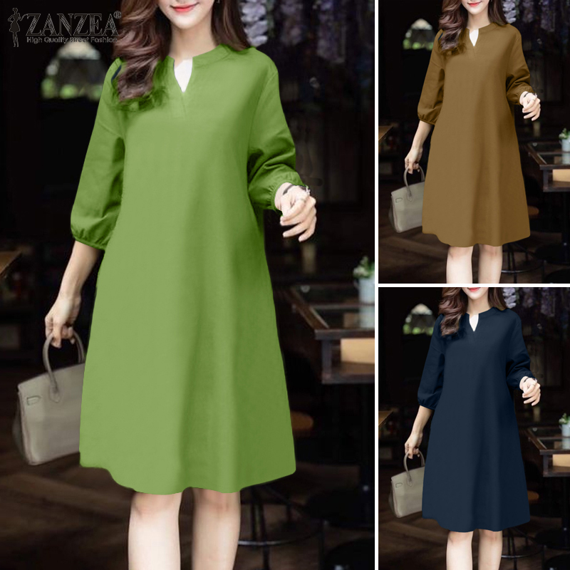 ZANZEA%20Korean%20Style%20Women%20Office%203/4%20Sleeve%20A-Line%20Sundress%20V-Neck%20Solid%20Knee%20Length%20OL%20Work%20Dresses%20-%20Image%204