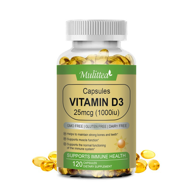 Mulittea Vitamin D3 1000 IU 25 Mcg Vitamin D Capsules Healthy Muscle Function Helps Support Immune Health Strong Bones and Teeth 120pcs Vit d3 Kapsul Fungsi Otot yang Sehat - Membantu Mendukung