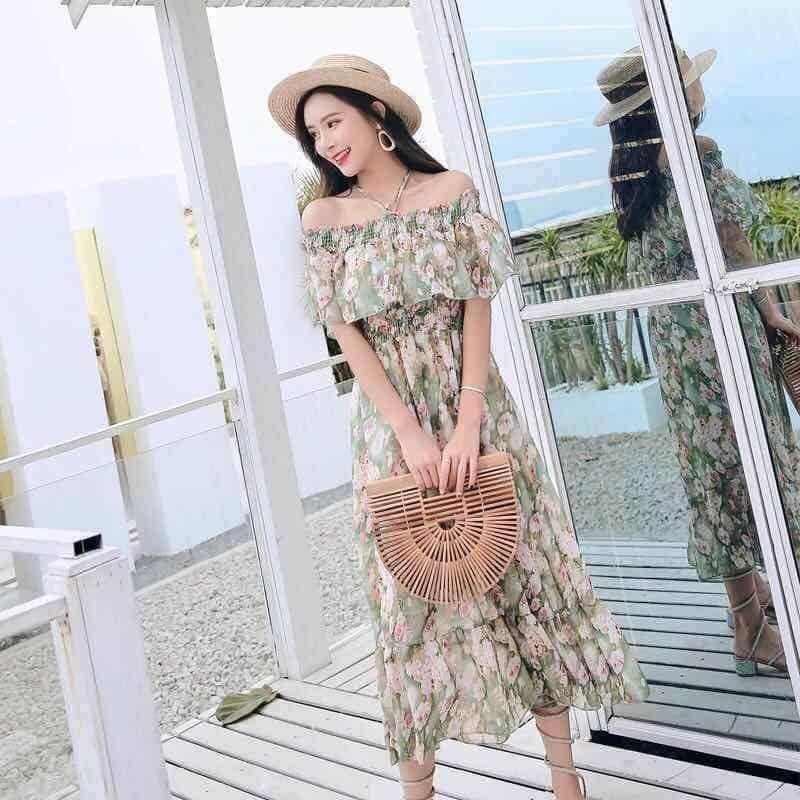 Đầm maxi voan, đuôi cá, cổ sen, nhiều màu