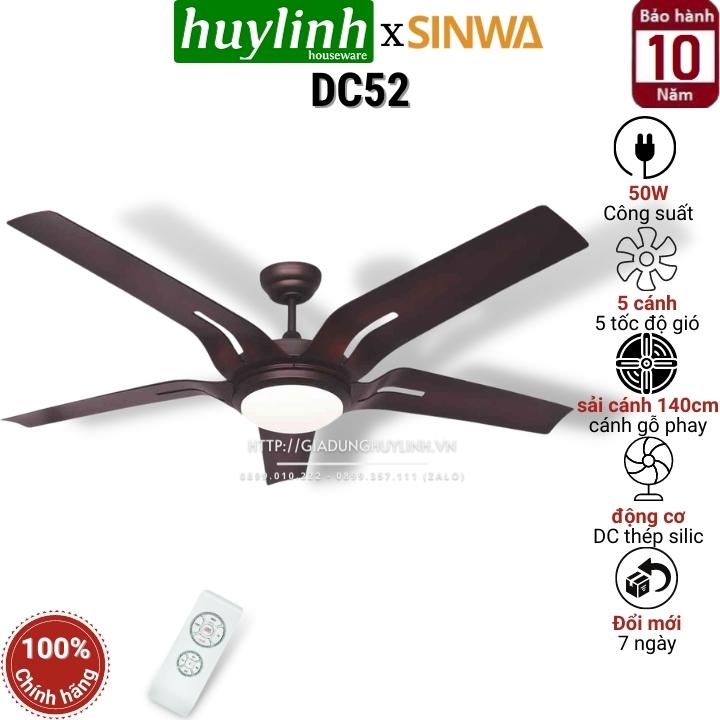 [HCM][Trả góp 0%]Quạt trần đèn led Sinwa DC52 - DC inverter - 5 cánh