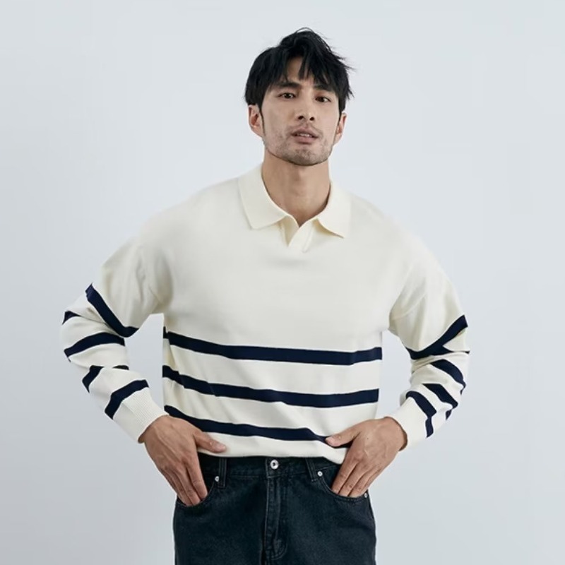 TIDE BEAR Men's striped sweater casual long sleeve pullover polo shirt lapel striped knit undershirt design top