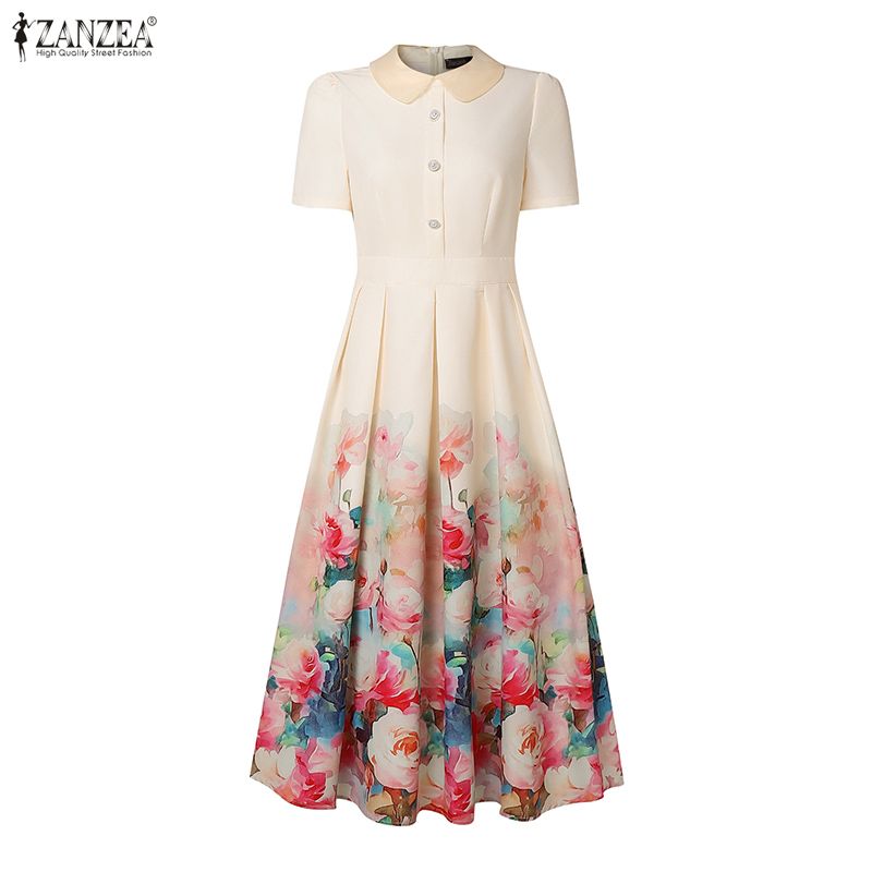 ZANZEA%20Korean%20Style%20Women%20Elegant%20Party%20Short%20Sleeve%20Midi%20Dresses%20Doll%20Neck%20Floral%20Print%20A-Line%20Dress%20#1229%20-%20Image%205