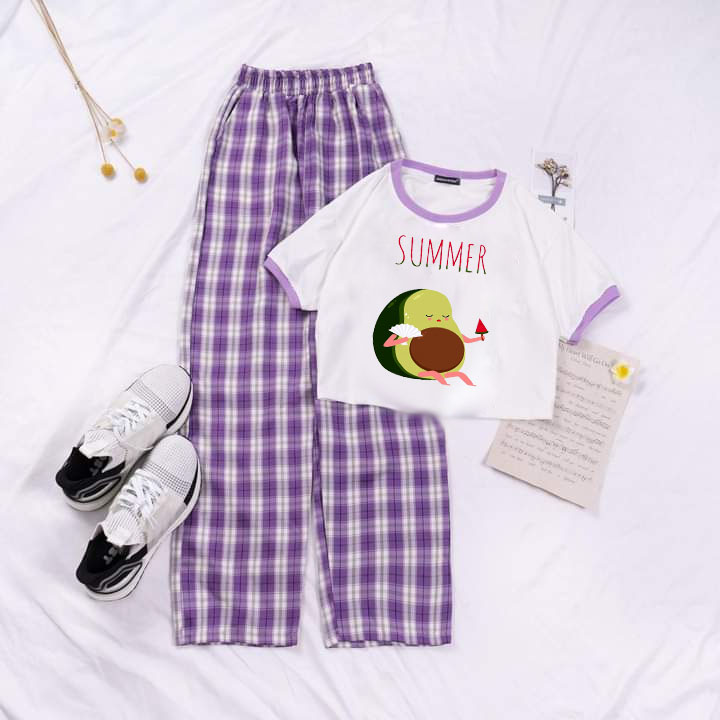 Bộ cho bé gái áo bơ sume kèm quần kẻ ống rộng size 9 đến 65kg ánh dương