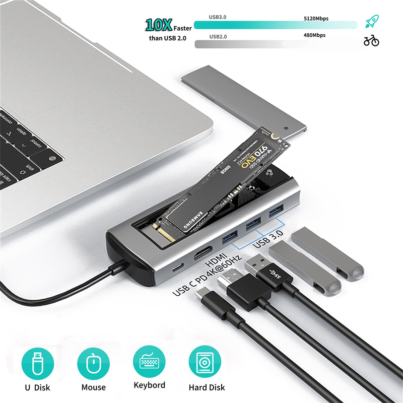 6-in-1 usb hub with disk storage function usb type-c to 4k 60hz hdmi-compatible laptop dock station
