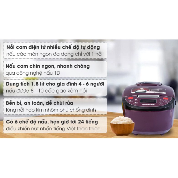 Nồi Cơm Điện Tử SUNHOUSE SHD8909 1.8 Lít Bảo Hành 12 Tháng