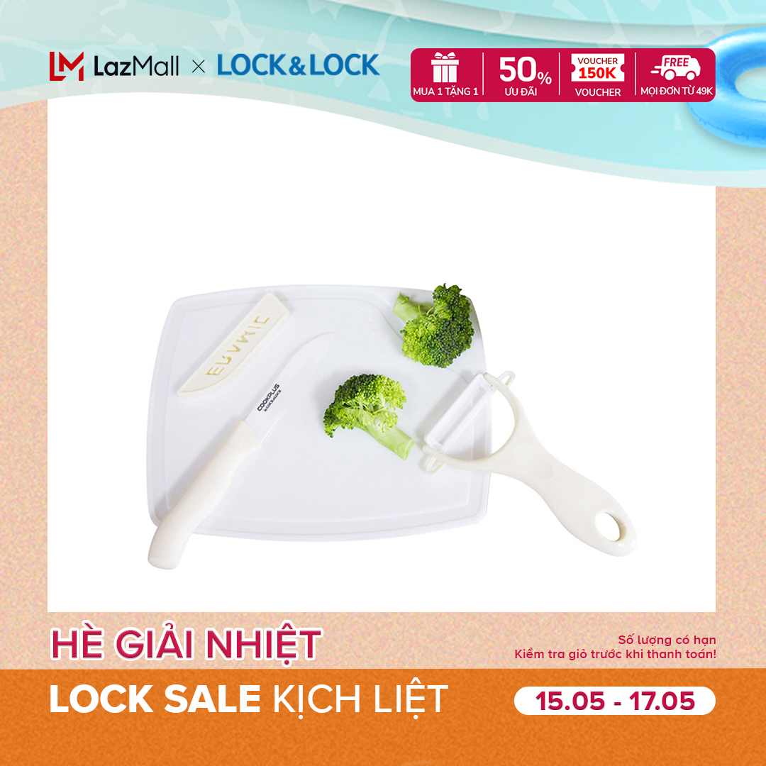 Bộ dao nhà bếp 4 món Lock&Lock Cookplus bằng sứ nhựa (dao 3 + nắp đậy dao bào thớt) CKK503WHT