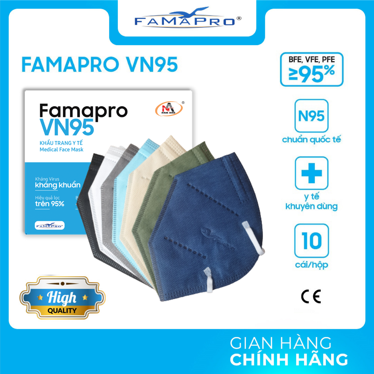 Combo 5 hộp khẩu trang y tế 4 lớp Famapro VN95 (N95) màu trắng (10 cái / Hộp)