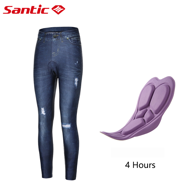 Santic Women Cycling Pants Summer 4D Padded High Elastic Imitation Denim Sports Bicycle Bike Tights