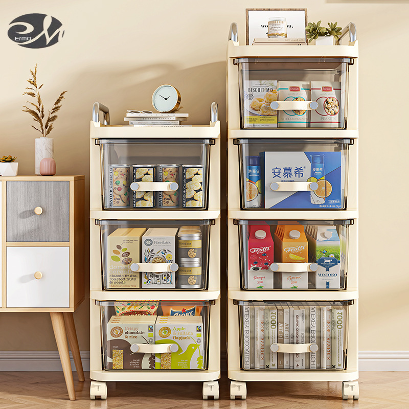 Drawer-type storage cabinet, household multi-functional movable multi-layer storage cabinet, bedroom trolley, cream wind shelf