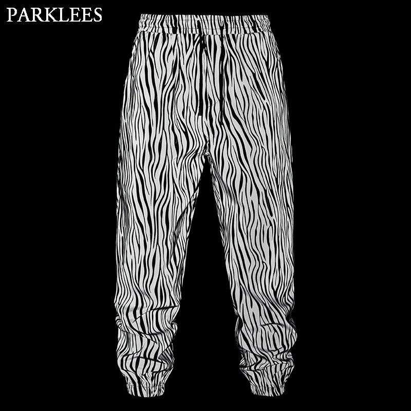 Hip Hop Zebra Pattern Reflective Jogger Pants Men Fluorescent Dance Party Sweatpants Festival Rave Night Sport Trousers Outfit