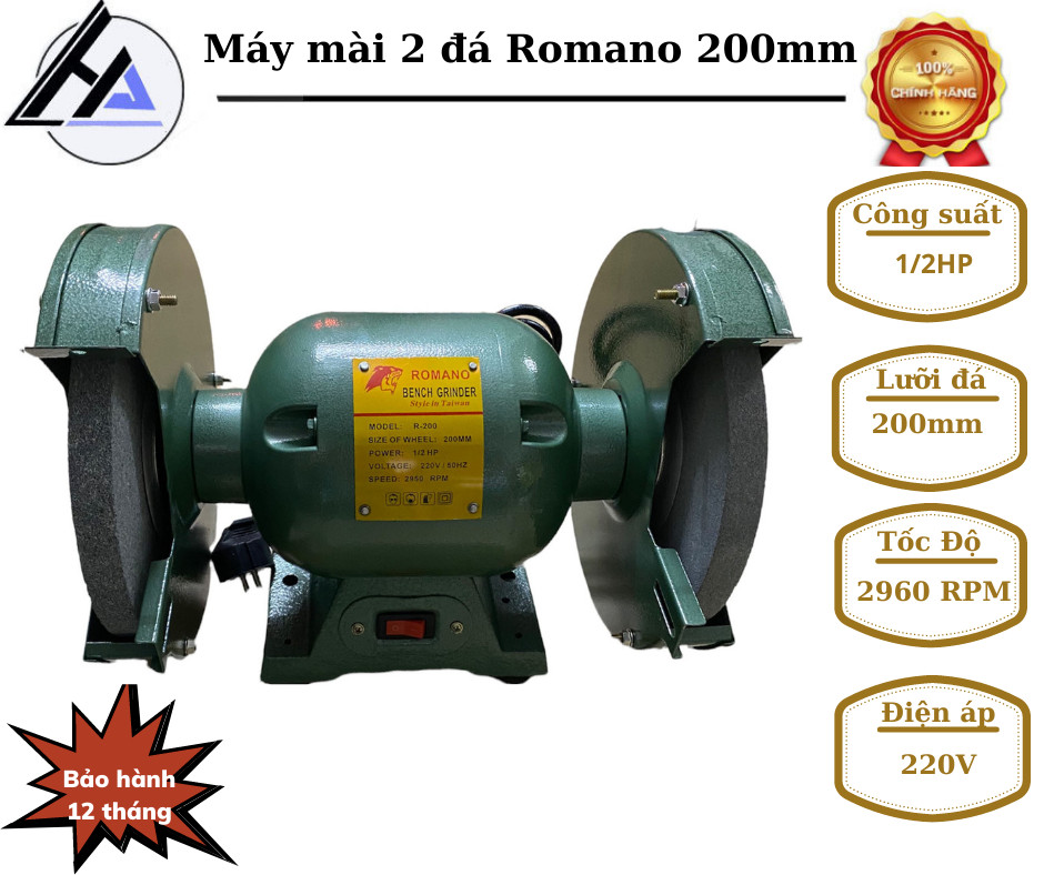 Máy mài để bàn 2 đá 150 romannol - kèm 2 đá mài mịn và thô