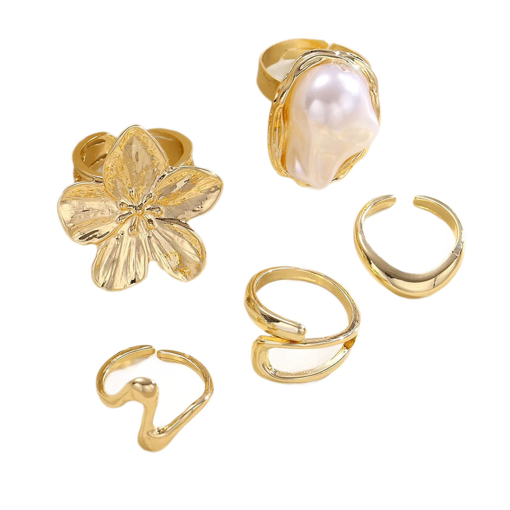 Enacolor%205Pcs/Set%20Women%20Retro%20Flower%20Ring%20Set%20Gold%20Metal%20Pearl%20Joint%20Open%20Rings%20Adjust%20Jewelry%20Accessories%20Gifts%20-%20Image%206