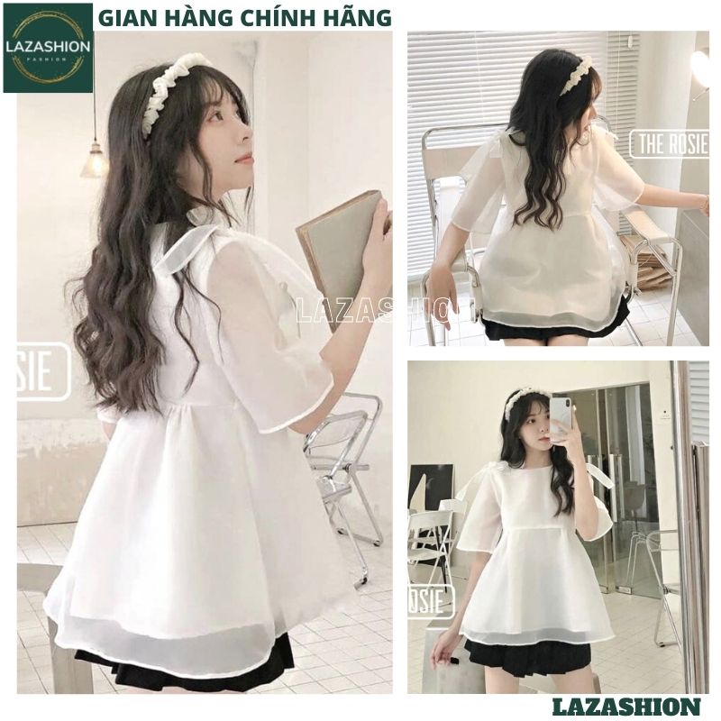 Áo babydoll voan 2 lớp nơ vai kiểu dáng hàn quốc cực dễ thương ulzzang , áo kiểu nữ , áo đẹp -LAZASHION