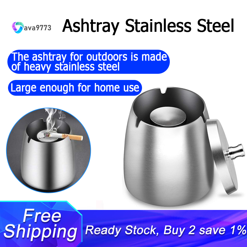 Ashtray Stainless Steel with Lid Heavy Ashtray Storm-Wind Non-Slip Base for Outside and Inside Silver
