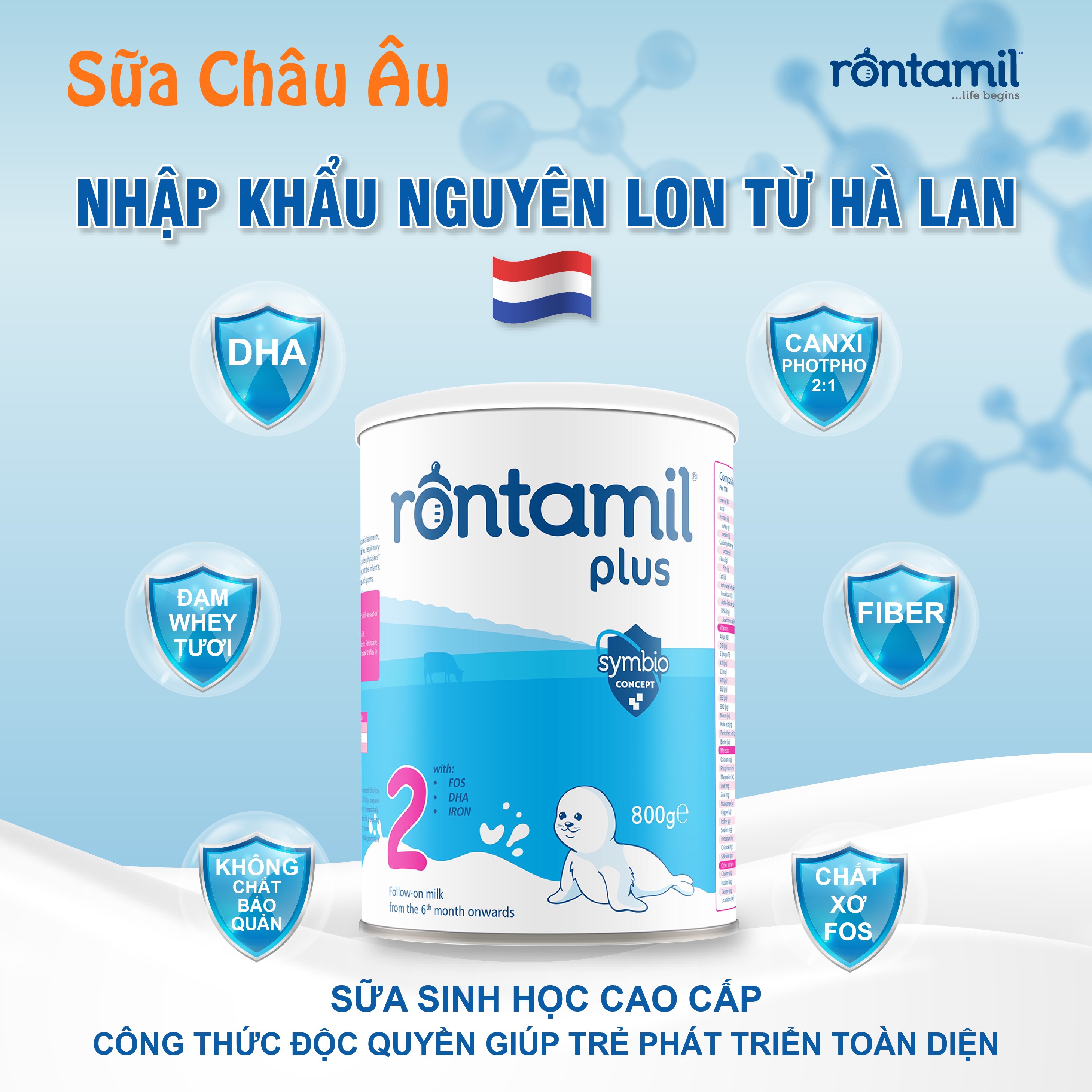 Sữa bột sinh học Rontamil Plus số 2 nhập khẩu Hà Lan 800g