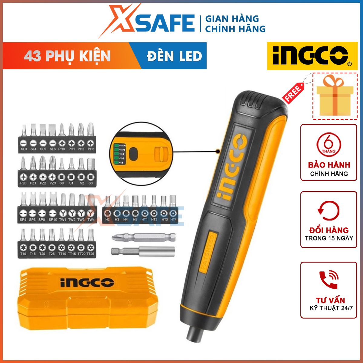 Shooting machine screw use battery ingco CSDLI0403 4V, force strangle 5nm, there are LED lights, induction, included 43 accessories, screwdrivers hand [genuine][xsafe]