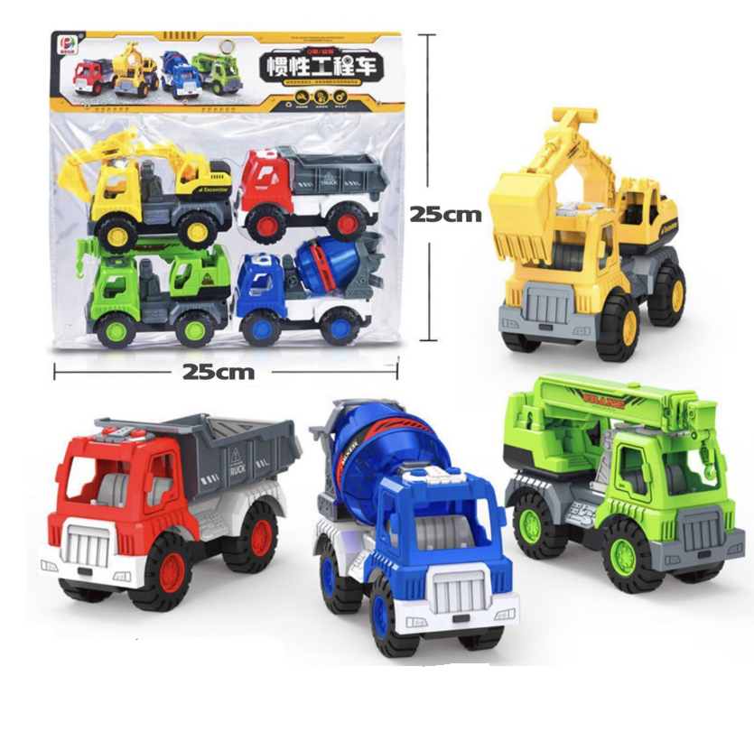SET 4 xe đồ chơi - xe công trình bánh đà