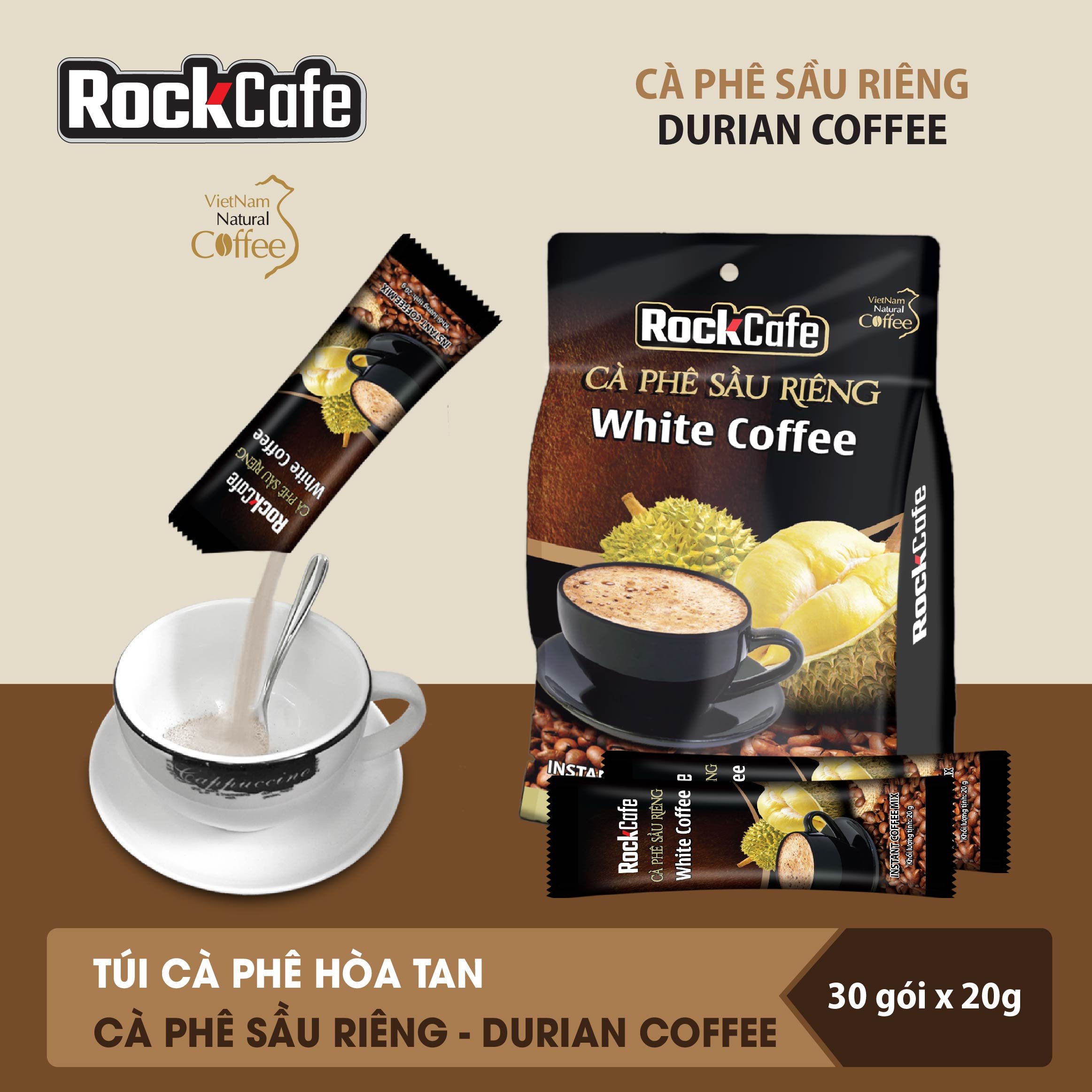 RockCafe - Cà phê hòa tan 3 trong 1 - Vị sầu riêng độc đáo - Thơm ngon - Đậm vị  - Túi 30 gói x 20gr