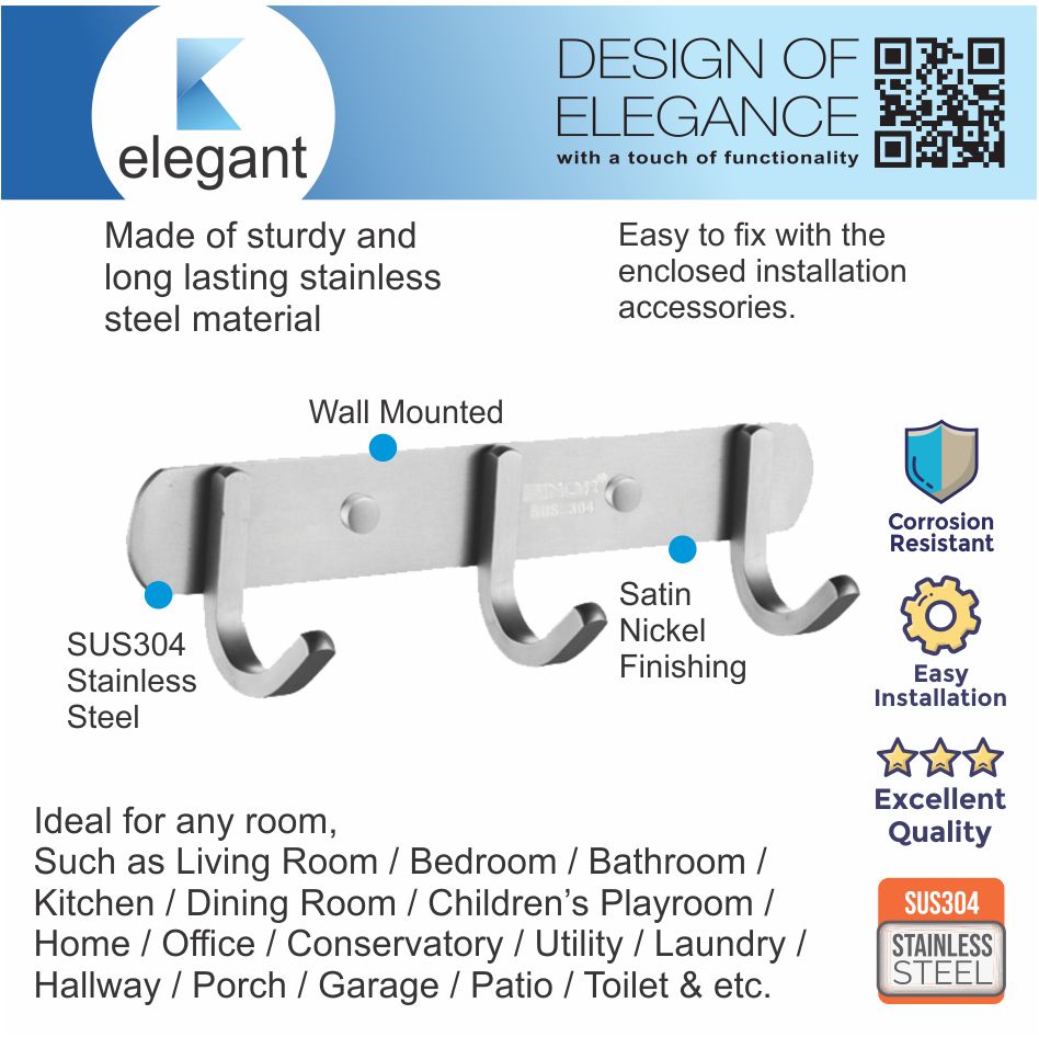 Sinor BF90163 SUS 304 Stainless Steel WallMount Clothes Hanger 3