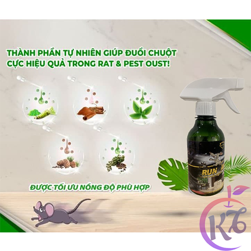 Nước xịt đuổi chuột thảo mộc Run Away chai 300ml (có kèm vòi xịt) - Thành phần tự nhiên, không mùi, an toàn, xua đuổi côn trùng, chuột, gián