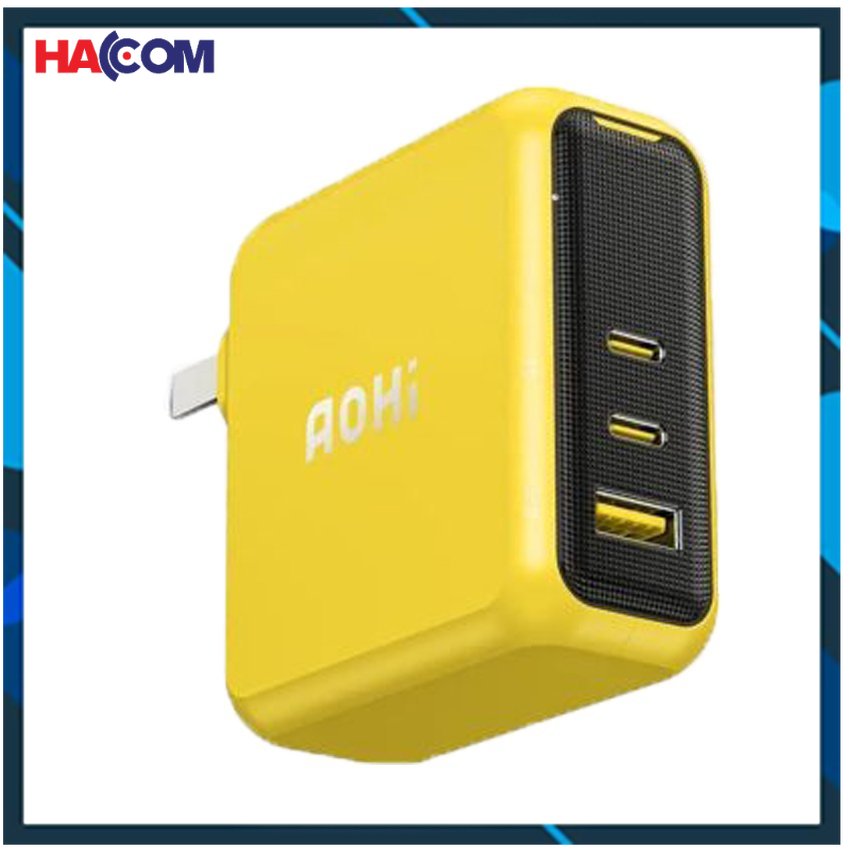Củ sạc nhanh aohi magcube aoc-c012 - pd 140w - 02 cổng type-c + 01 cổng type-a - màu vàng