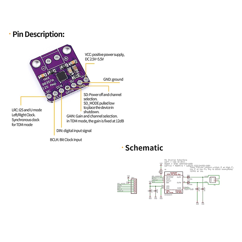 Max98357 I2S 3W Class D Amplifier Breakout Interface Dac Decoder Module Filterless Audio Board For Esp32