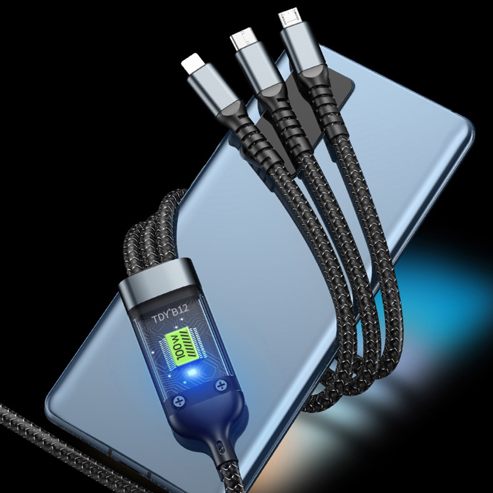 100w Fast Charging Cable High Power Usb Cable 3-in-1 Fast Charging Cable with Type-c and Micro Usb Connectors Multi Charger Cable for Universal Devices Nylon Braided