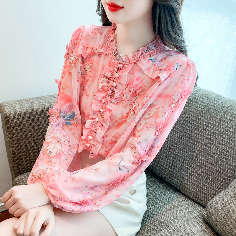 2023 New Long-sleeved Korean Style Ruffled Floral Chiffon Single-breasted Shirt