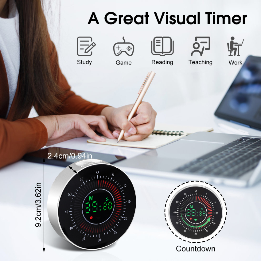 Pro Digital Rechargeable Visual Timer With 3.4 Inch Colour Screen, 60 Minutes Countdown Kitchen Timer For Children Adults, Time Management Tool For Learning Work Cooking Teaching