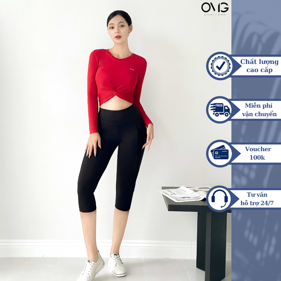 Áo tập nữ bikini passport kiểu tay dài xoắn eo - màu đỏ - bg095_rd
