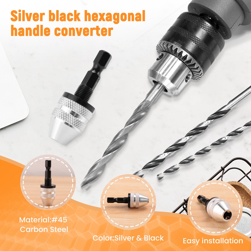 Silver+Black 6mm Keyless Drill Bit Chuck Quick Change Adapter Converter Hex