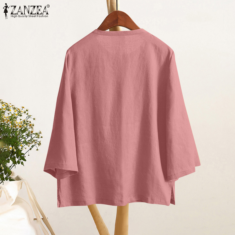 ZANZEA%20Women%20Casual%20Crew%20Neck%20Solid%20Color%20Tops%20Three%20Quarter%20Sleeve%20Shirt%20Solid%20Bohemian%20Blouses%20-%20Image%202