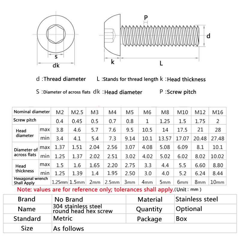 M3 M4 304 Stainless Steel Button Head Hex Hexagon Socket Screw Round Head Allen Bolt Machine Screws Length 3mm -70mm Millimeters