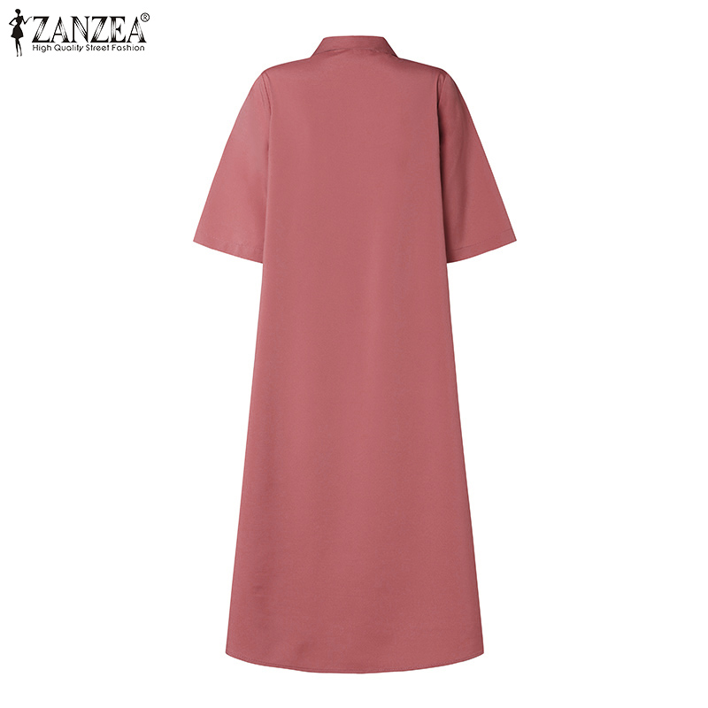 ZANZEA%20Korean%20Style%20Women's%20Dresses%20New%20Fashion%20Casual%20Short%20Sleeve%20Lapel%20Contrast%20Color%20Midi%20Shirt%20Dress%20-%20Image%207