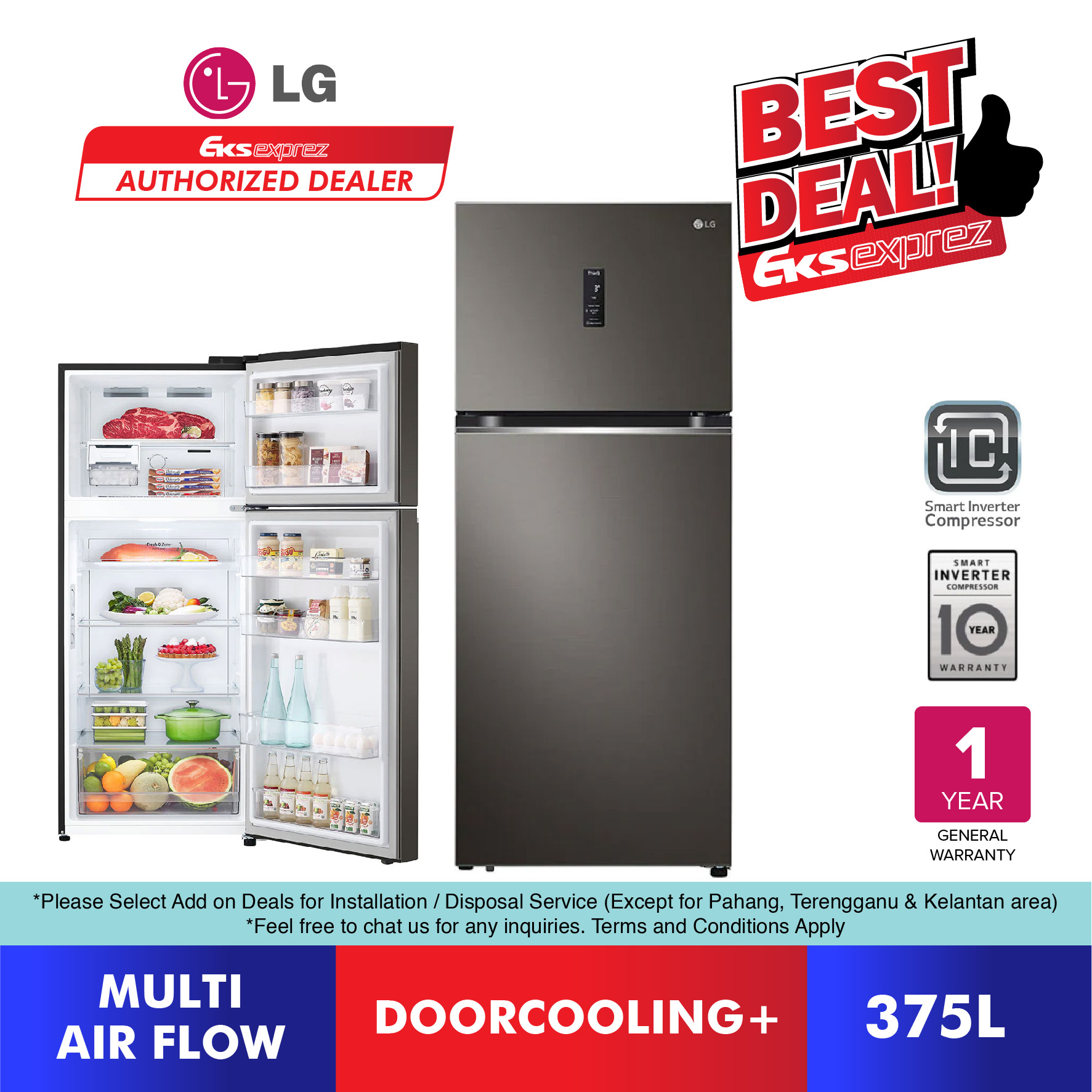 LG Top Freezer Smart Inverter Fridge 375L) GNB372PXBK with Door