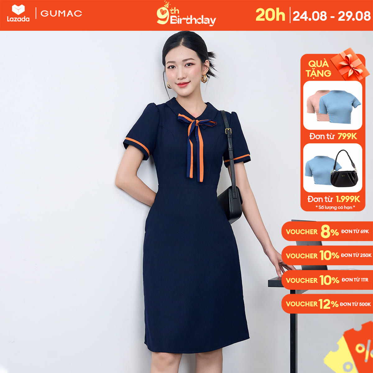 Đầm dáng chữ a công sở cổ kiểu buộc nơ gumac lde0614