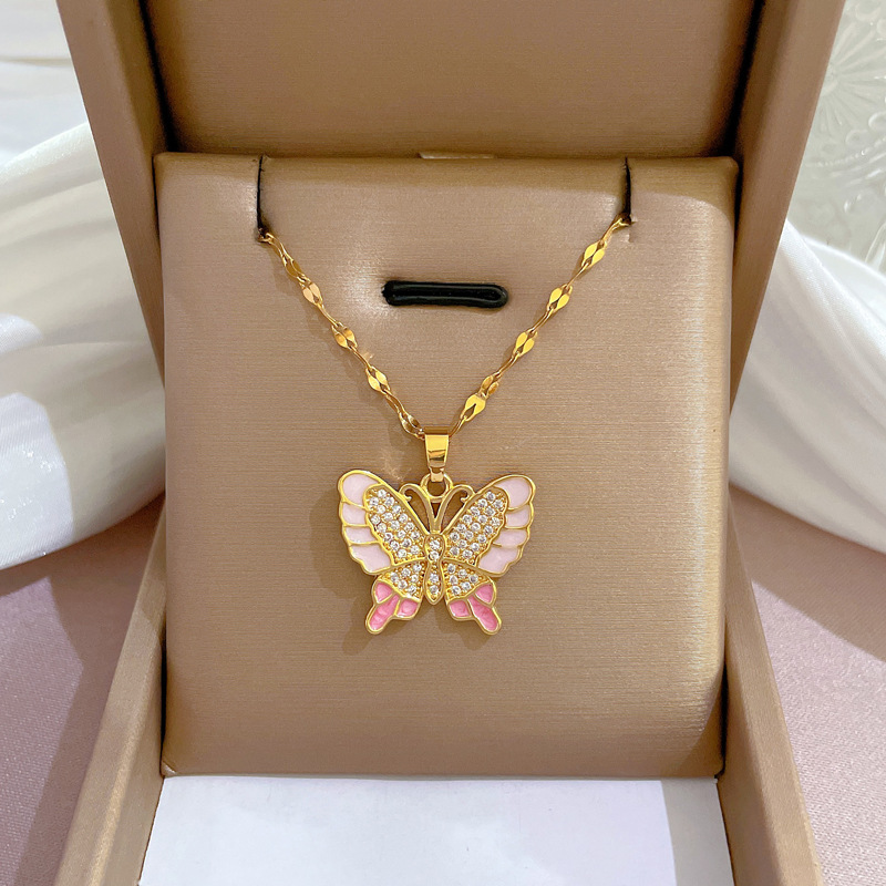 DIEYURO 316L Stainless Steel Pink Cute Butterfly Pendant Necklace For Women Fashion Girls Clavicle Chain Jewelry Birthday Gifts. 