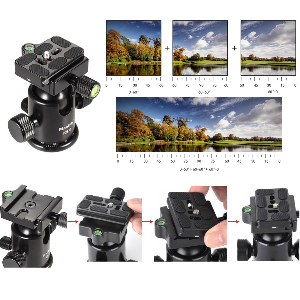 Manbily Đầu Ba Chân Chuyên Nghiệp KB-0 Đầu Bi Máy Ảnh Đầu Ray Trượt Toàn Cảnh Với 2 Cấp Độ Tinh Thần Tích Hợp Hợp Hợp Kim Nhôm Chịu Tải Tối Đa 15Kg