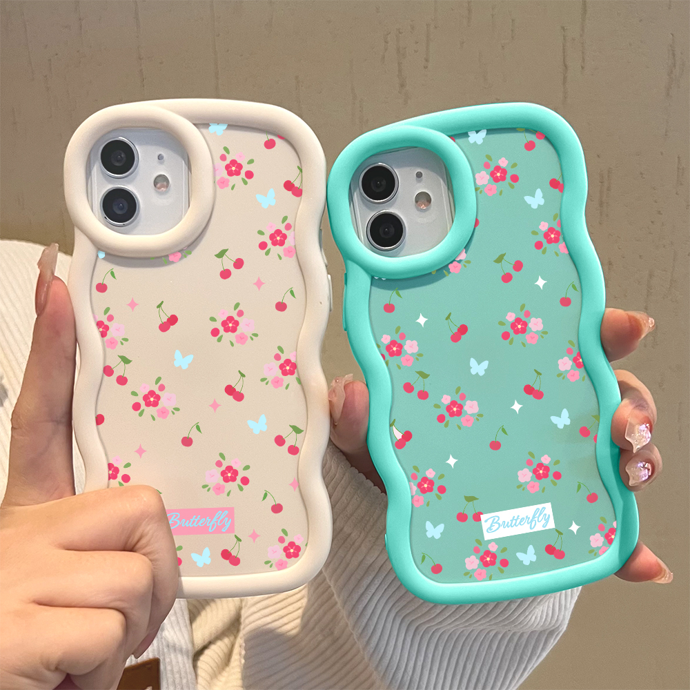 TA for Infinix Smart 7 Tecno Spark Go 2023 Pop 7 Pro Back Cover Macaron Wave Soft Silicone Mobile Phone Cover Cherries and Flowers Pattern Case. 