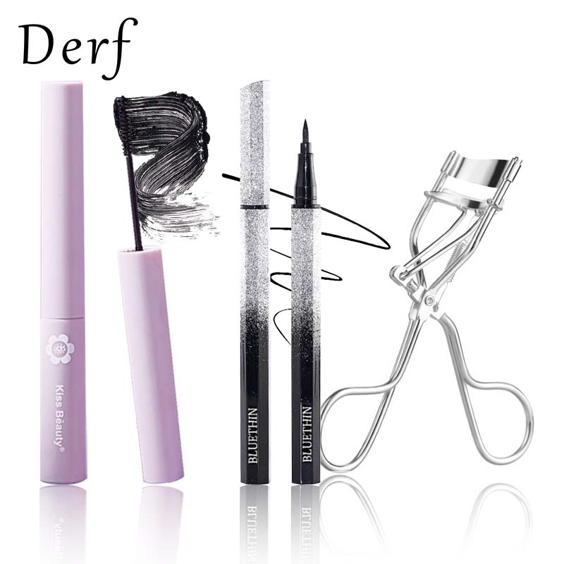 Derf Eye Makeup Set Eyeliner+Waterproof Curl Thick Mascara+Eyelash Curler