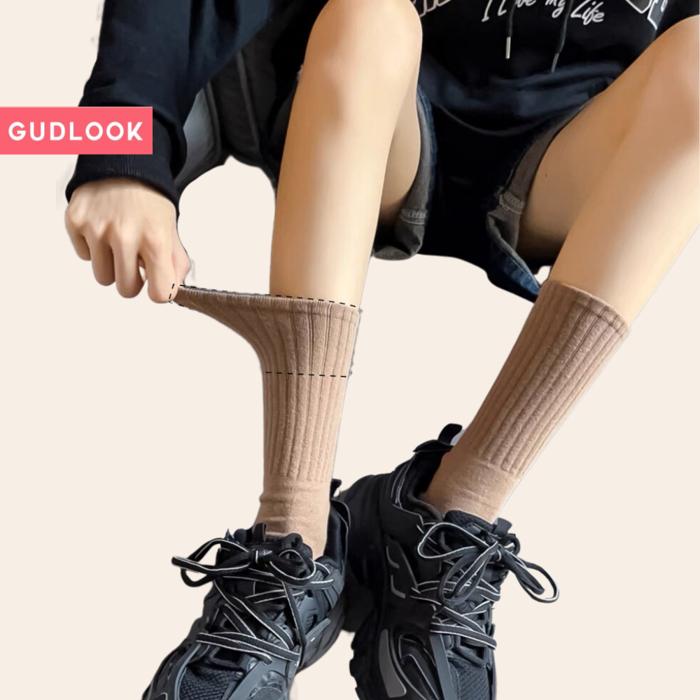 Set 5 Đôi Tất Cao Cổ Màu Basic GUDLOOK Gân Tăm Vintage