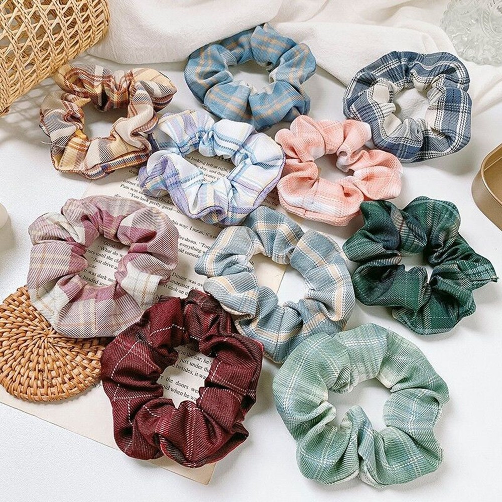Dây buộc tóc, cột tóc scrunchies caro dễ thương