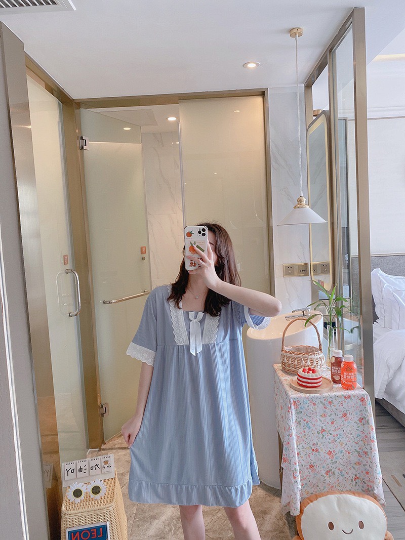 Đầm ngủ nữ mặc nhà kẻ sọc phối ren nơ cực xinh