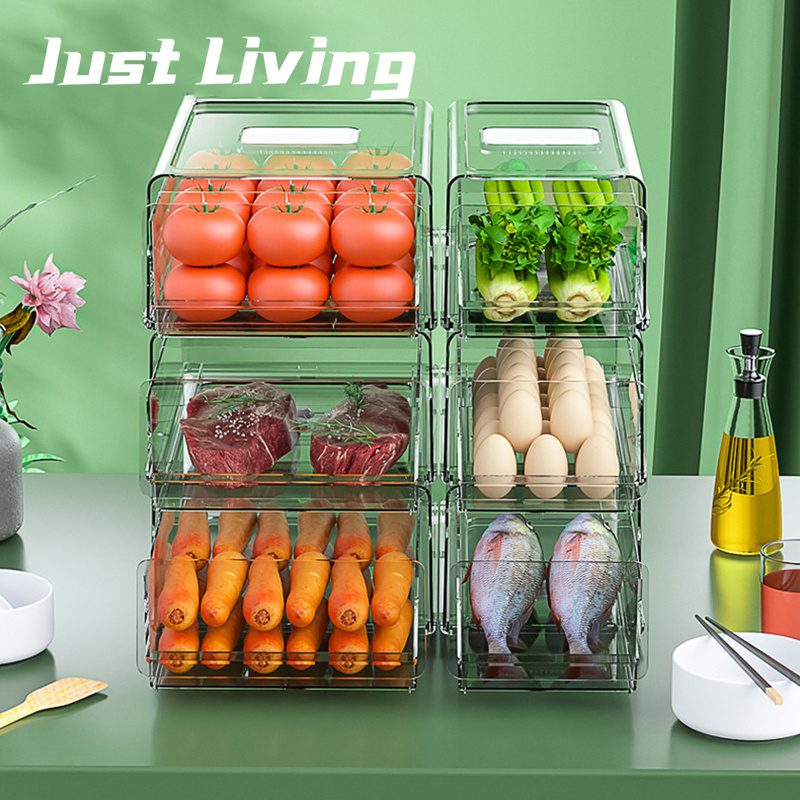 JustLiving Hộp Sắp Xếp Tủ Lạnh Ngăn Kéo Có Thể Xếp Chồng Hộp Đựng Thực Phẩm Trong Tủ Lạnh Thú Cưng Hộp Đựng Tủ Đông Giữ Tươi Tủ Lạnh Hộp Đựng Thực Phẩm Nhà Bếp