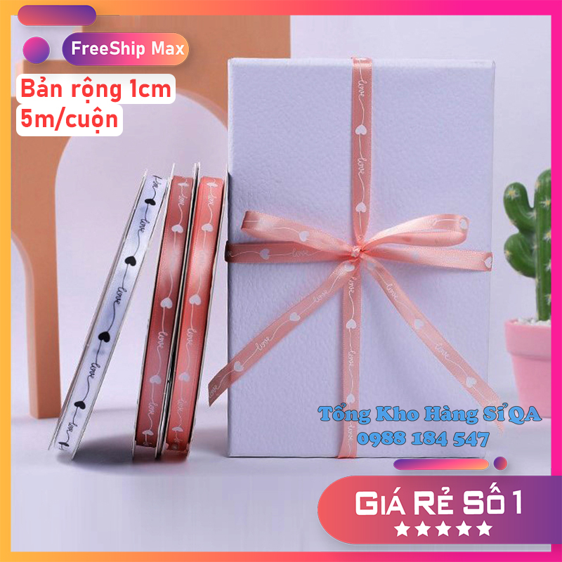 [Lẻ 5 mét] Ruy băng lụa size 1cm in hình Tim LOVE